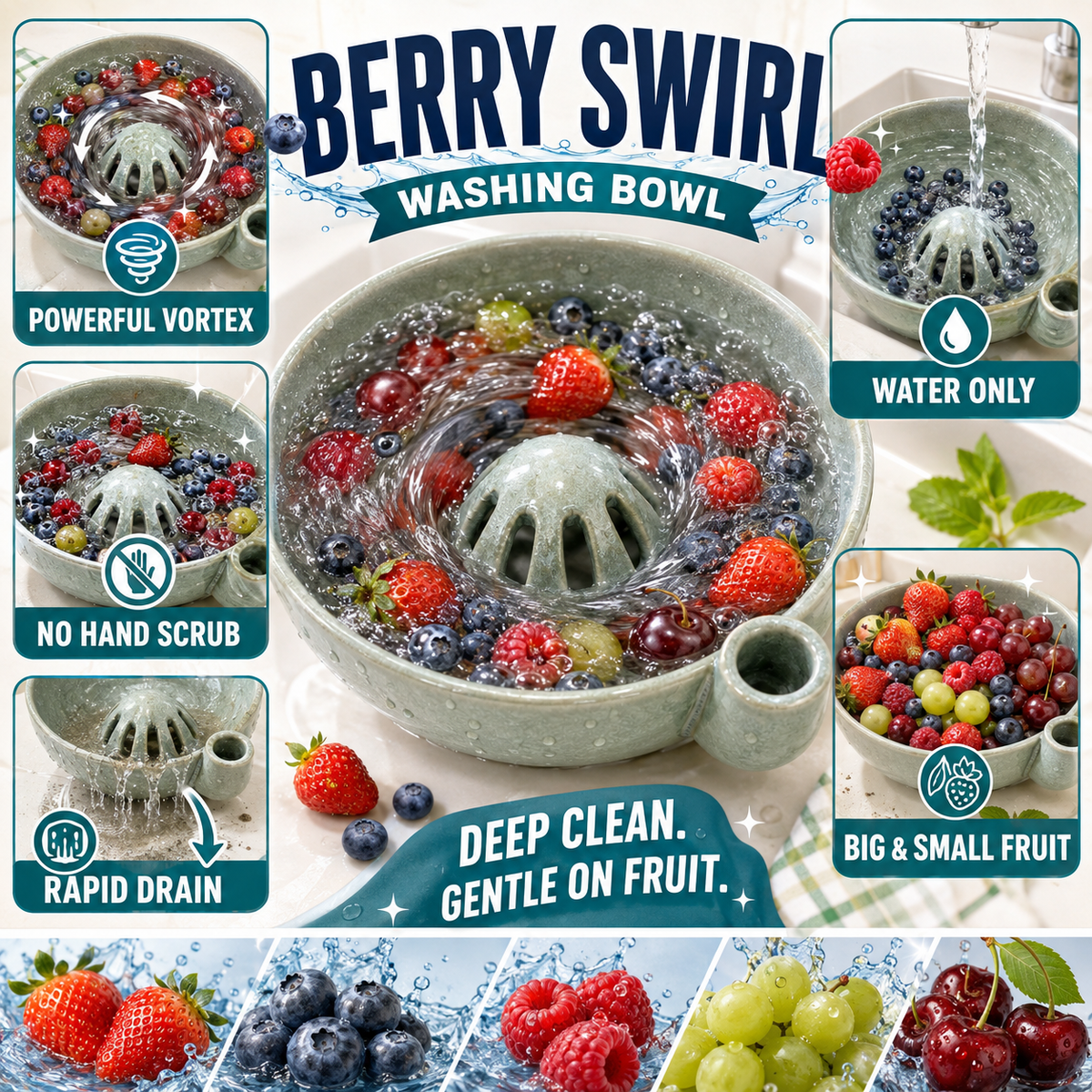 Self-Spinning Fruit & Vegetable Washing Bowl - No More Hand Scrubbing, Gentle Vortex